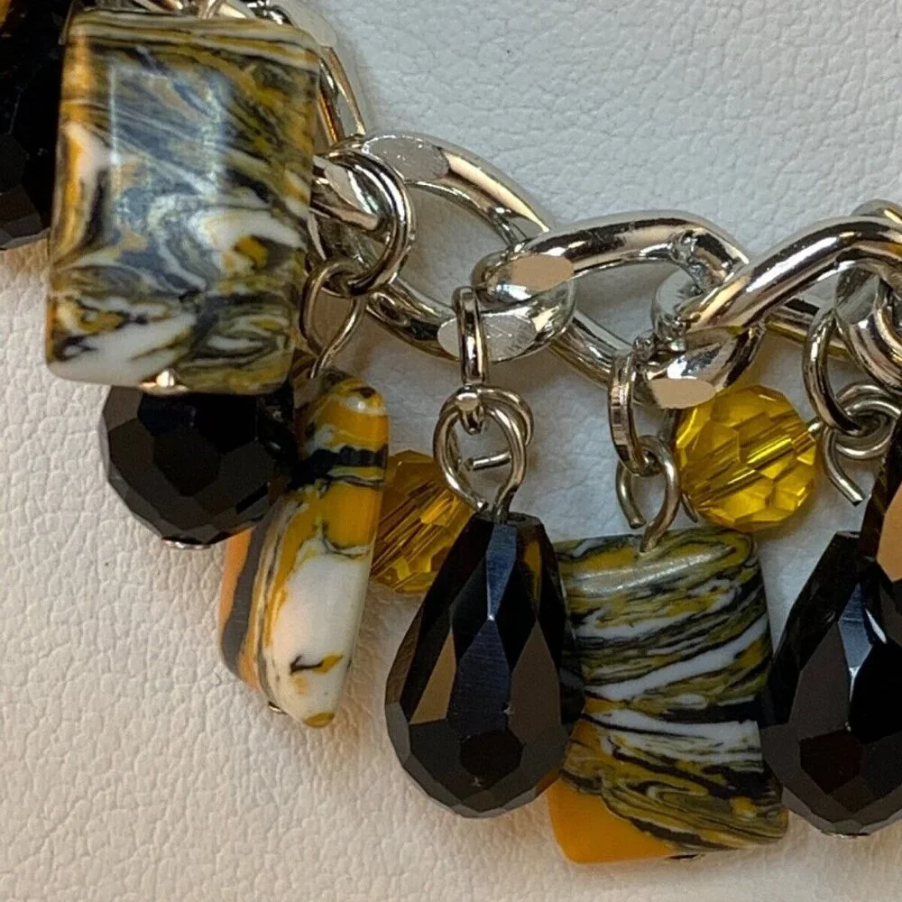 Silver Tone Curb Chain Bib Necklace With Tiger Striped & Crystal Beads (NA111) - Picture 2 of 4